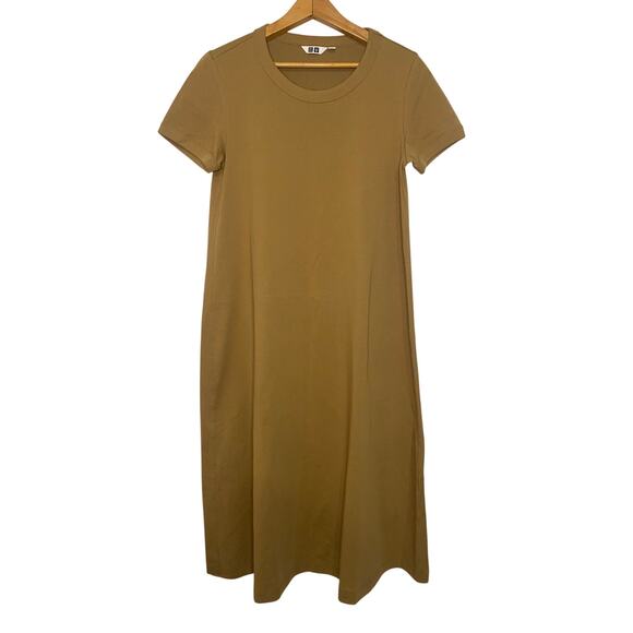 Uniqlo Dresses & Skirts - Uniqlo AIRism T Shirt Tan Dress Womens Crew Neck Short Sleeve Lagenlook Small